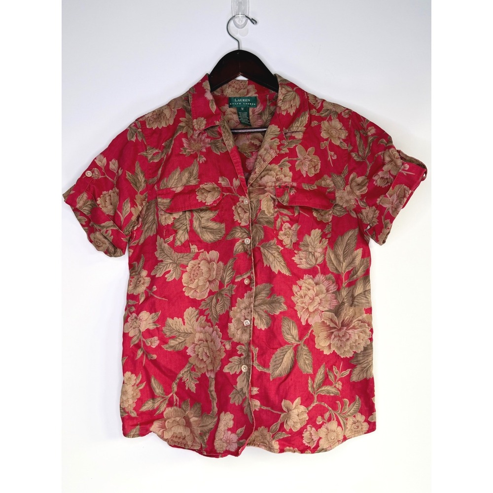 Lauren Ralph Lauren Floral 100% Linen Button Down Shirt Womens Med Red Coastal